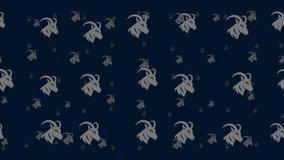 Goat's head symbols float horizontally from left to right. Parallax fly effect. Floating symbols are located randomly. Seamless looped 4k animation on dark blue background