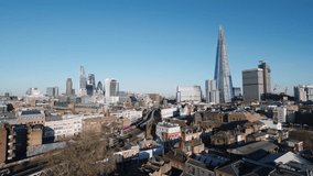 London Skyline, Aerial View Shot of London UK, United Kingdom, day, Square Mile, Heart of the City of London, Winter Sun