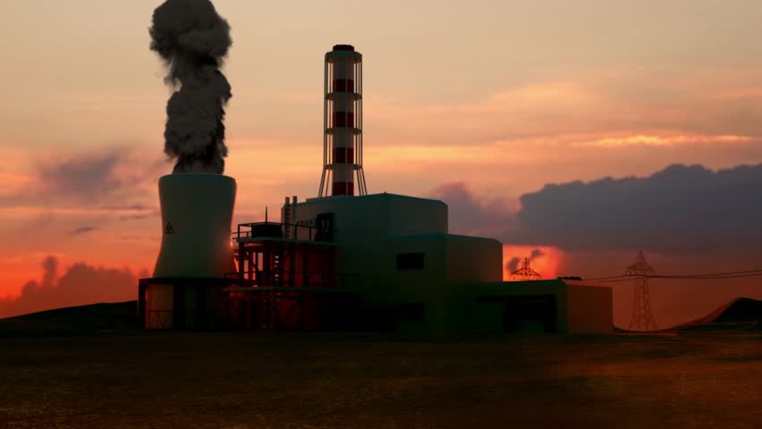 Factory unit on construction site with smoke from pipe against sunset sky clouds. Power plant with smokestack and voltage towers.