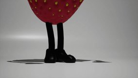 dancing fruit. Strawberry character make move on white background and floor. Cartoon eyes and hands