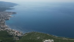 Montenegro. Autumn. Coast of the Adriatic Sea near the town of Dubrava. Video 4k. Height of 700 meters. Shooting from a drone.