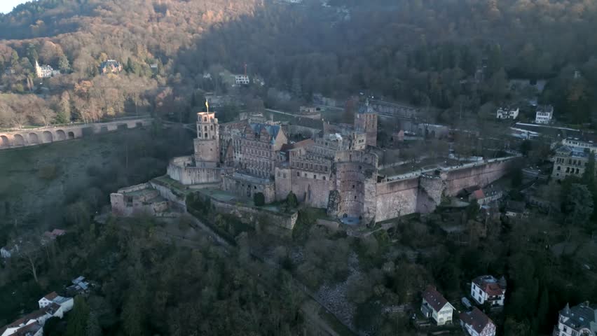 Majestic aerial view of the historic Heidelberg Castle in Germany nestled on a mountainside covered in lush trees
