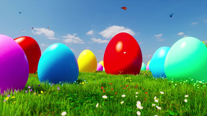 The camera flies between colorful Easter eggs over green grass to meet the Easter Bunny. Video concept for Easter. 3D animation. Royalty-Free Stock Footage #3427202857