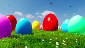 The camera flies between colorful Easter eggs over green grass to meet the Easter Bunny. Video concept for Easter. 3D animation.