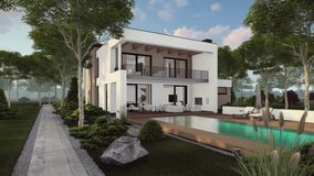 4K video rendering of modern cozy house with pool and garage for sale or rent in luxurious style and beautiful landscaping on background. light on after sunset