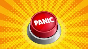Panic red button on yellow colorful bright background. Video animation. Hand drawn in a cartoon style. High quality 4k footage