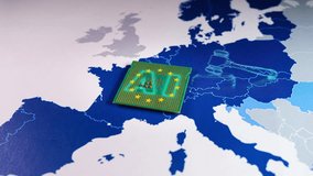 Europe Map with virtual hologram of a gavel and sound block and AI word. Concept of the EU recently adopted the AI Act, ushering in new restrictions on Artificial Intelligence use cases and mandating - Powered by Shutterstock - Get 15% off with code: PIKWIZARD15