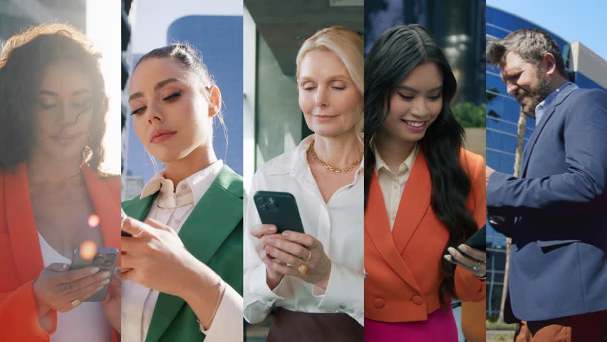 Collage with many different business people using smartphone devices. Vertical clips with man and women looking at mobile phones in hands. Communication internet and connectivity concept 4K background Royalty-Free Stock Footage #3427244705