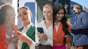 Collage with many different business people using smartphone devices. Vertical clips with man and women looking at mobile phones in hands. Communication internet and connectivity concept 4K background