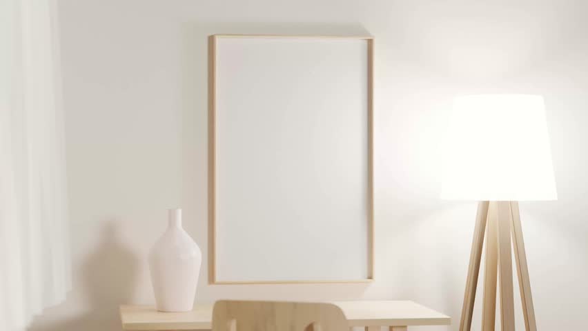 Photo frame in white interior with animated curtain. 3D Illustration