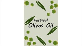 Olives oil festival in olive green color with branches, art video illustration.