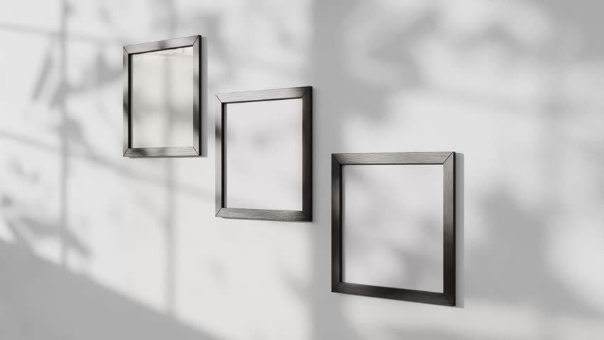 Three square frames gallery with animated shadow. 3D Illustration