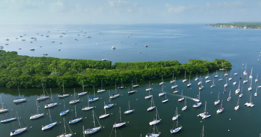 Marina bay with sailboats and yachts in Miami city Coconut Grove upscale neighborhood in Florida, USA