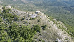 Montenegro. Autumn. Mountain ridge near Skadar Lake. The border with Albania. Shooting from a drone. Video 4k. height 400 meters. Old border post.