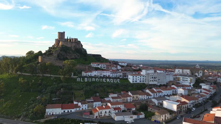 Aerial view from a Drone in  Alburquerque, historical village of Badajoz,Extremadura, Spain - 4k Video