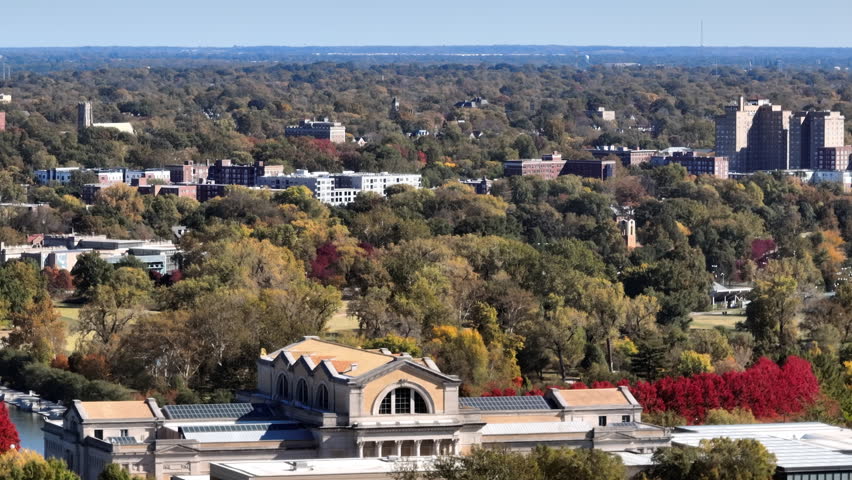 Long lens aerial view of the St. Louis Art Museum and Forest Park in Autumn.