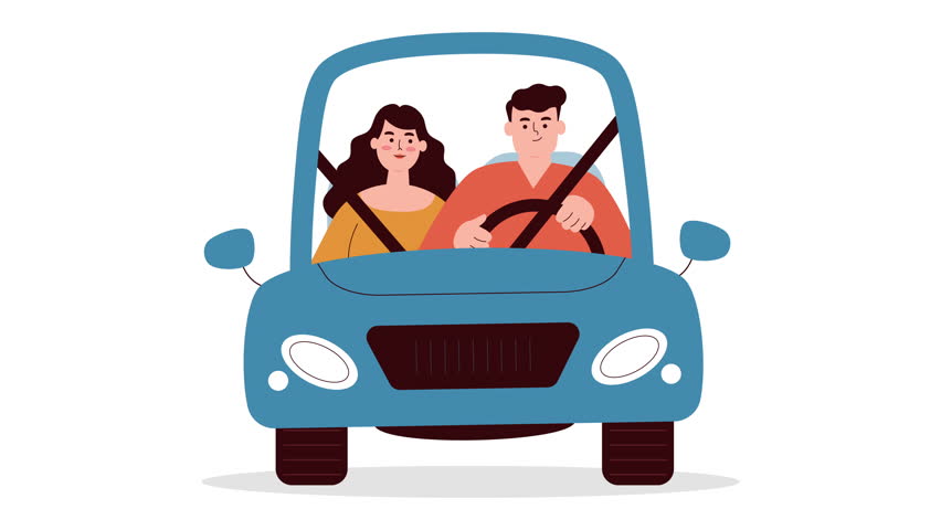 Animation of family travel in car. Woman, man and dog. Family trip on white and green screen backgrounds. Vector flat style graphic. 4K animated video.