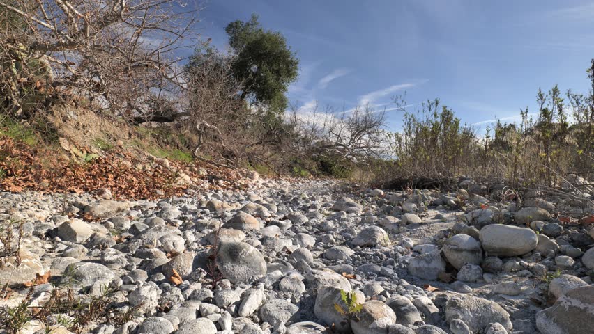 Winter dry rocky river bed in California.