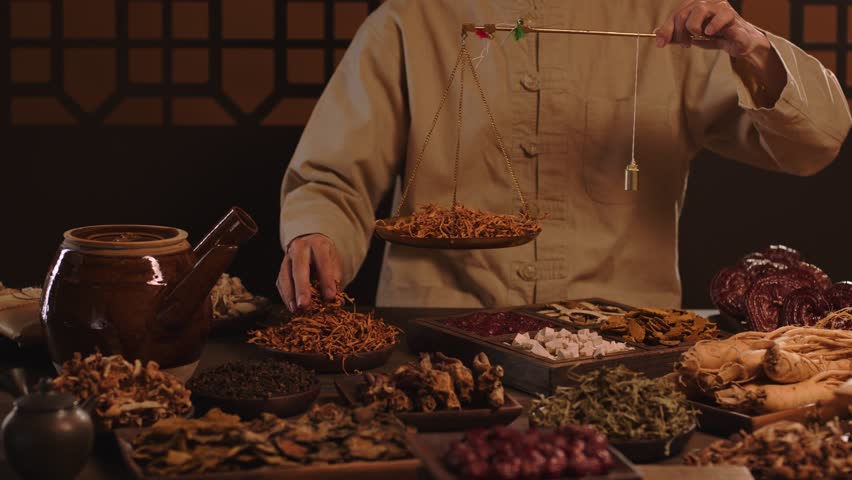 The physician is weighing dry medicinal herbs on a hand-held scale. Dry medicinal herbs are neatly stored in wooden trays, and a medicine pot is placed on the table.