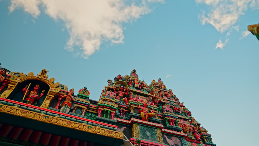 Outdoor wide view of colorful decorated Kaylasson Hindu temple, Port Louis, Mauritius. Spiritual heritage site. Worship place. Religious landmark.