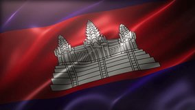 National Flag of Kingdom of Cambodia, high-angle, perspective view, cinematic look and feel, glossy, slow-motion wavering, elegant silky texture waving. Realistic CG animation seamless loop-able.