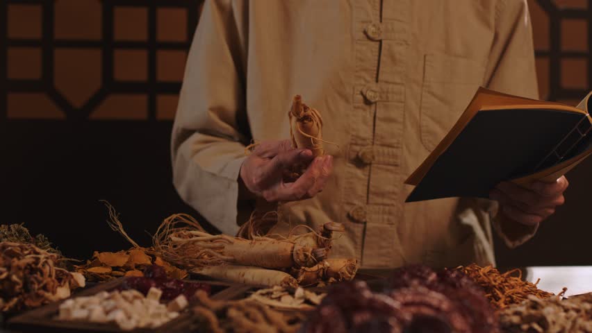 The physician is researching ginseng and reading information from an ancient book. On the table, dried medicinal herbs are displayed. Oriental medicine concept.
