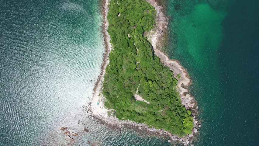 Sai Kung Sharp Island Sand Levee, natural beauty and geo heritage, rock were sculpted into by weathering processes and wave erosion in Kiu Tsui Chau Country Park, Hong Kong, aerial drone sky view