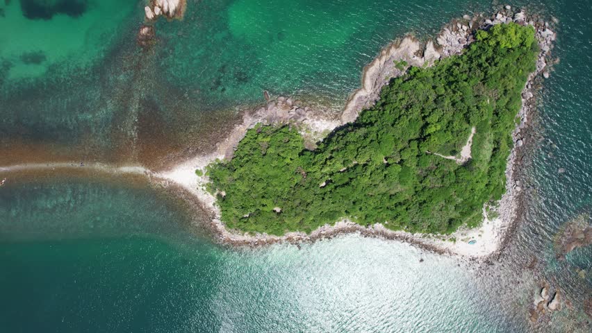 Sai Kung Sharp Island Sand Levee, natural beauty and geo heritage, rock were sculpted into by weathering processes and wave erosion in Kiu Tsui Chau Country Park, Hong Kong, aerial drone sky view