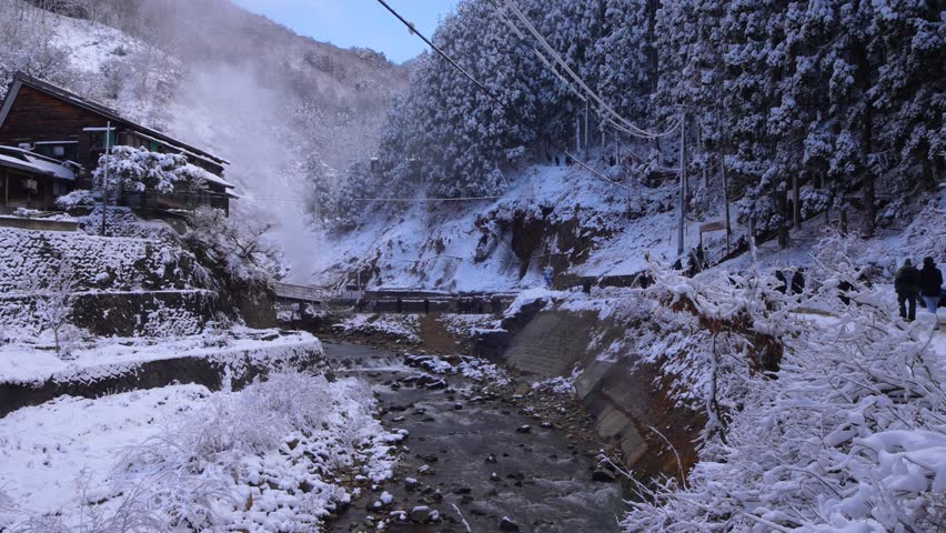 Beautiful Yokoyu river snow scene in snow monkey park located in Yamanouchi, Nagano Prefecture, Japan