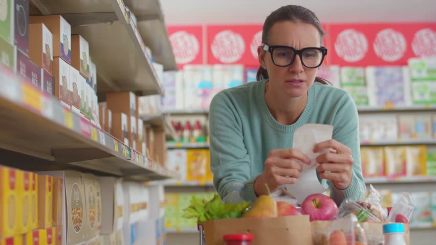 Woman doing grocery shopping at the supermarket, she checks an expensive shopping receipt and faints