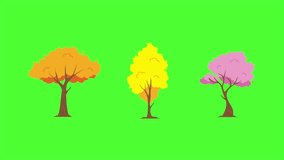 Set of 4K 2d animated trees, season tree motion, animated tree for cartoons transparent animated tree, blue screen isolated.