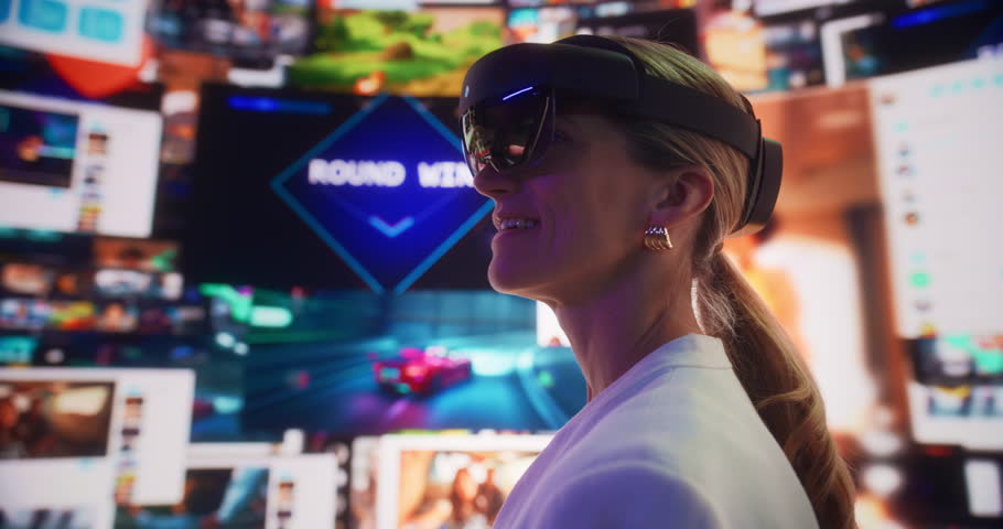 Closeup Portrait Of Caucasian Woman Wearing Augmented Reality Glasses And Surfing 3D Cyberspace: AR Browsing Through Websites, Watching Video Streaming Services, Using Social Media, Doing e-Commerce.