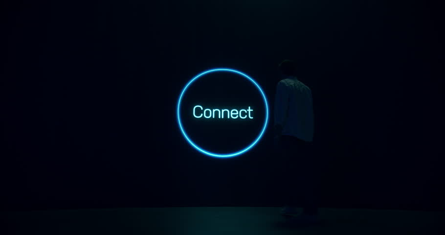 Backview Of Caucasian Man Pressing A Button And Connecting To Metaverse Big Data Visualization with Viral Videos, Advertising, Social Media with Influencers, Online Art and Internet Communities. Royalty-Free Stock Footage #3427715691
