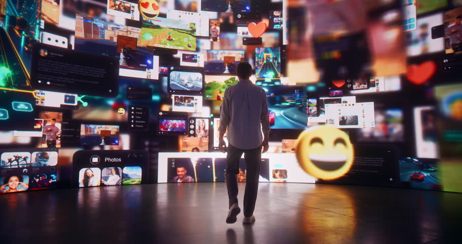 Backview Of Caucasian Man Enjoying Animated Stream Of Online Interfaces With Social Media, Fintech Services, e-Commerce Shopping, Internet Influencers And Video Games. Visualization Of Web Network.