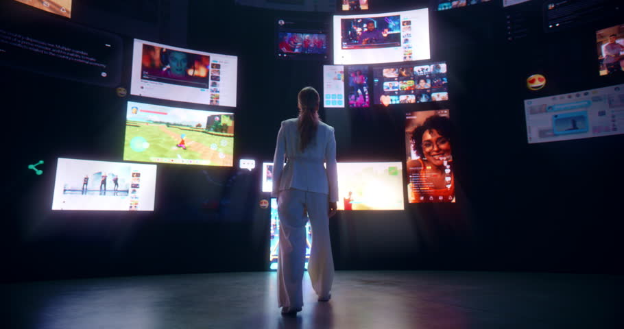 Social Media Internet Concept: Caucasian Woman Browsing Network of Websites, Games, Communities And Viral Videos. Animated Visualization Of Digital Interface Stream With Online Entertainment.