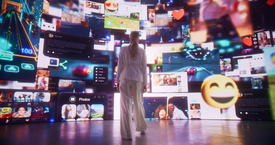 Backview Of Caucasian Woman Entering 3D Cyberspace With Animated Social Media Interfaces, Online Video Games, Videos, Internet Content. Visualization Of Female Enthusiast Surfing Computer Network. Royalty-Free Stock Footage #3427718327