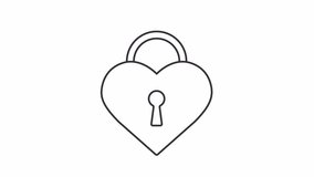 Animated love lock icon. Secure love line animation. Padlock in form of heart. Saint Valentines day. Black illustration on white background. HD video with alpha channel. Motion graphic