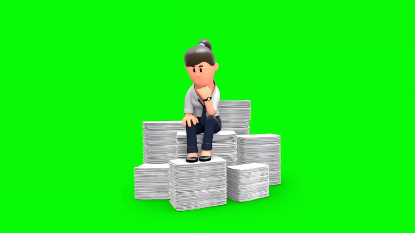 3D Animated Female Employee Feeling Sad Due to Overwork Load. A Lot of Unfinished Documents in Office. Royalty-Free Stock Footage #3427772405