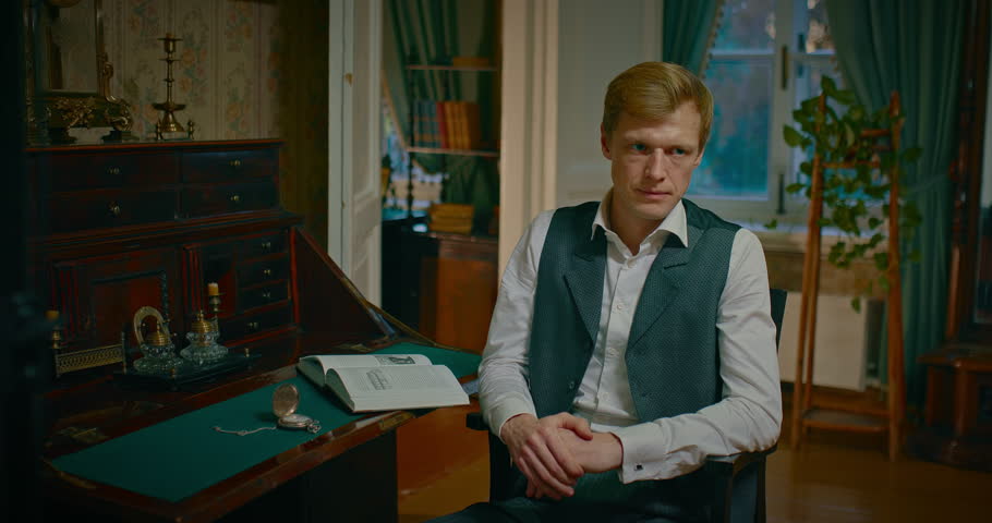 portrait of handsome man in retro suit and interior of 19th century, 4K, Prores