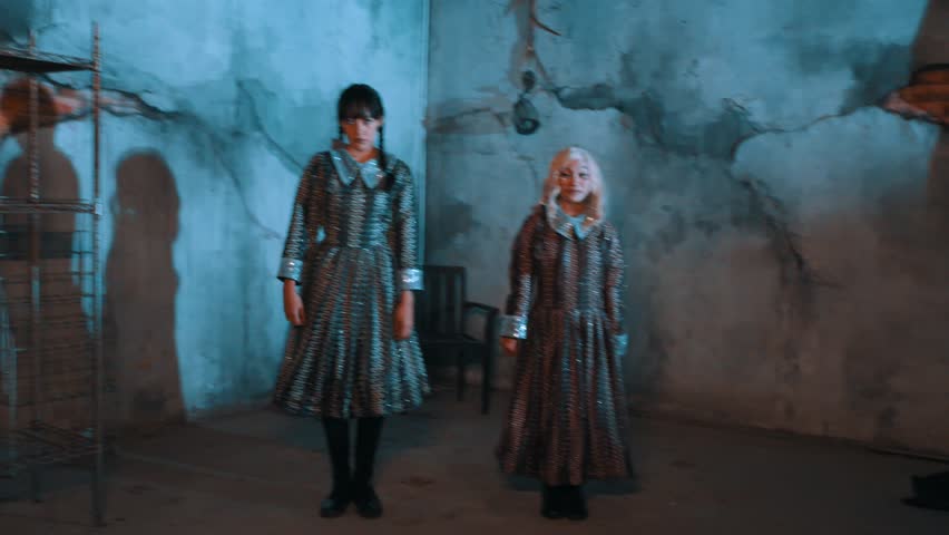 A medium shot, zooming in, of two women (one gothic, one blonde) in matching vintage dresses. They perform a spooky, synchronized, and energetic dance in a derelict, blue-lit room.