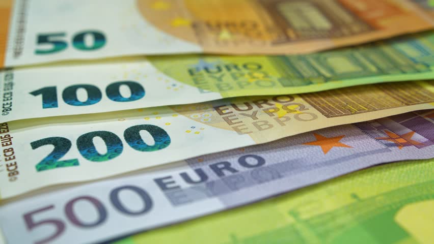 Euro banknotes. Banknotes 500, 200, 100 and 50 Euro. Real euro money of various colors and nominals Royalty-Free Stock Footage #3427840917