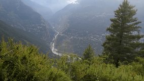 Satluj River winding through Kinnaur's deep Himalayan valleys, Himachal Pradesh, India.