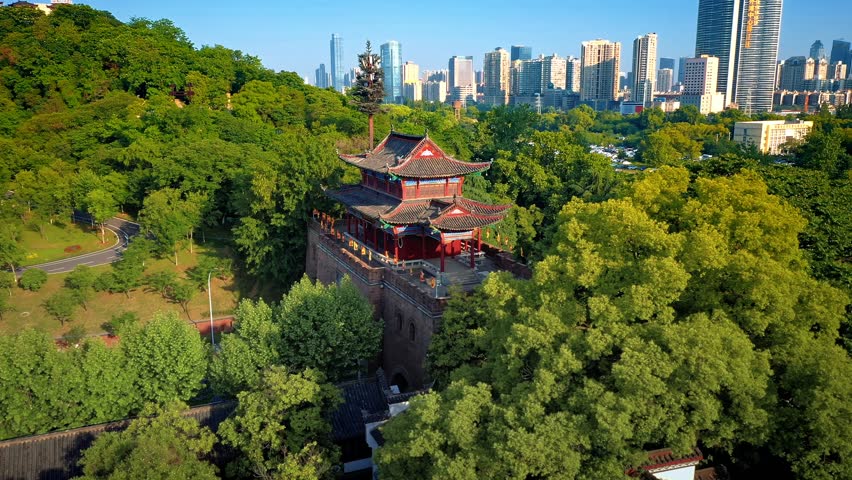 Wuhan skyline and Yangtze river with supertall skyscraper under construction in Wuhan Hubei China.