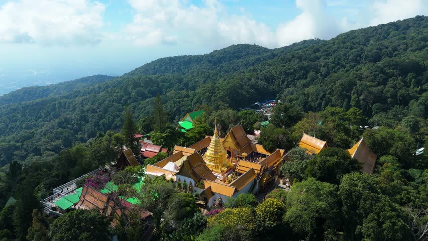 Wat Phra That Doi Suthep Temple in Chiang Mai Doi Suthep National Park, Golden Stupa Lanna Buddhist Temple in the Mountains, Aerial Drone