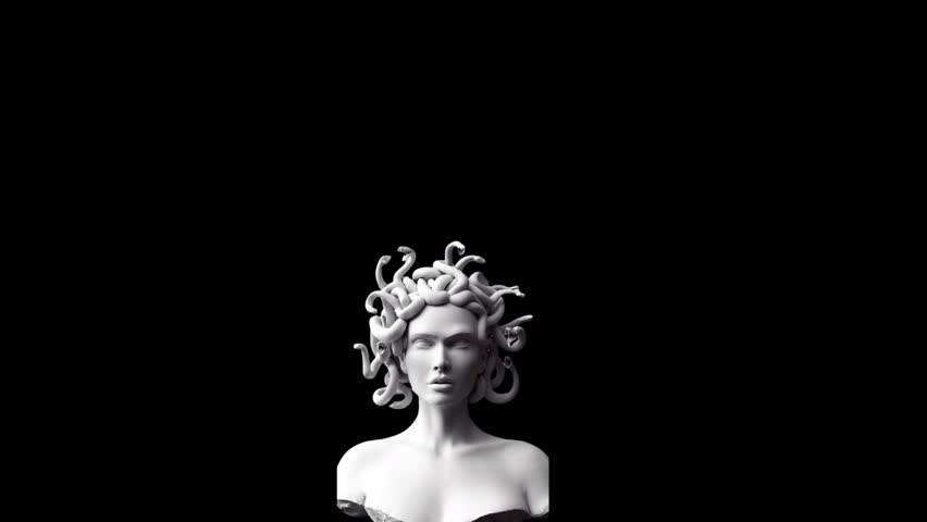 Epic studio close up detail shot. Rotating Antinous gypsum head with moving and changing lighting. The play of light and shadow on half face of statue of man. On black background isolated 4k