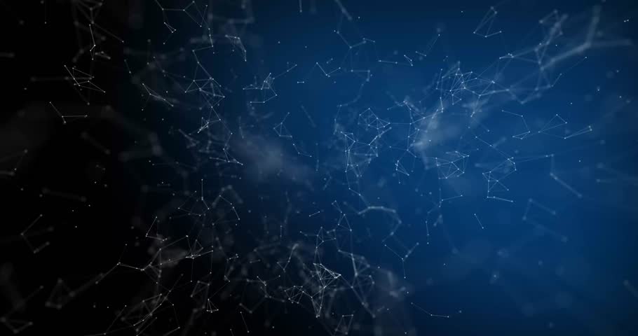 Abstract gradient dark blue background with motion graphics of interconnections of particles and lines. Technology concept, HUD space. 3D rendering. 4K video