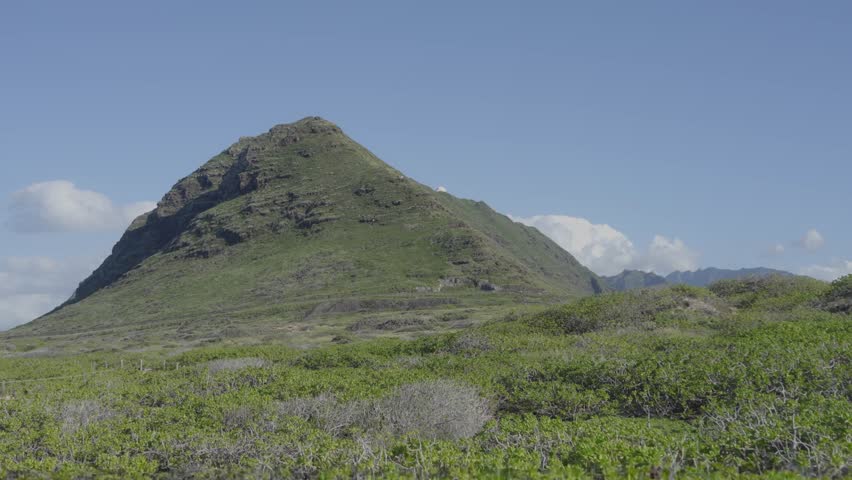 stationary shot of a pointed volcanic mountain on Oahu Hawaii with green lush filds in the foreground and blu sky behind Royalty-Free Stock Footage #3428037077