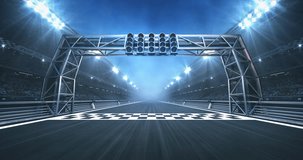 Racing track and finish line with gate and shining spotlights on sport stadium. Professional 4K video loop for racing sports advertisement.