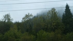 Mountains view through train window. Passenger train compartment passing by electric wires. Fog over mountain peaks in the morning, dense coniferous forest. Traveling by train, nature of Ukraine
