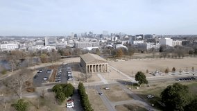 Parthenon building in Nashville, Tennessee with drone video moving in a circle.
